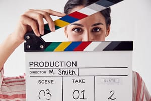 Portrait Of Female Videographer Holding Clapper Board On Video Film Production In White Studio picture